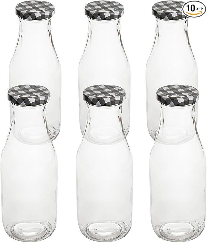 Restaurantware French Countryside 15 Ounce Glass Bottles 10 Durable Juice Bottles - With Black Plaid Lid Dishwashable Clear Glass Countryside Bottles For Hot And Cold Beverages