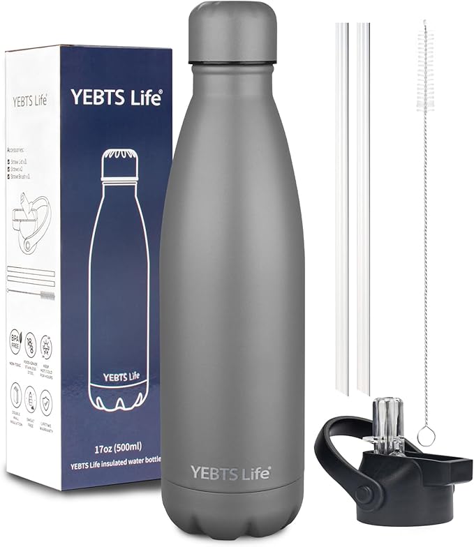 Insulated Water Bottle,17oz Stainless Steel Water Bottles with straw lid,Metal Sports Thermos Water Bottles for Boys,Girls,Double Wall Vacuum BPA-Free Flask for School, Sports (Grey)