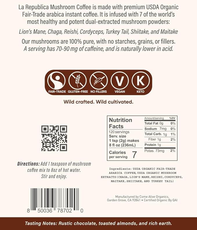 La Republica Big Shot Decaf Instant Mushroom Coffee Organic (120 Servings) with Lion's Mane, Reishi, Chaga, Cordyceps, Maitake, Turkey Tail