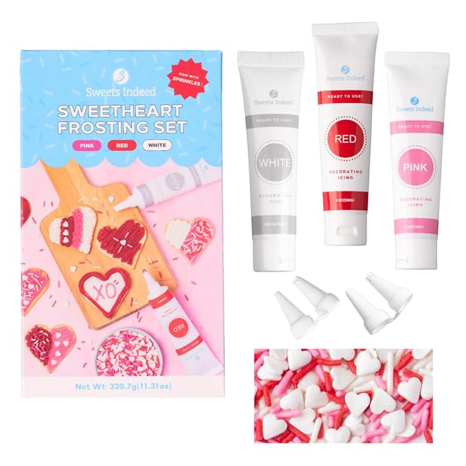 Sweets Indeed Frosting Kit plus Sprinkles Frosting Tubes nozzles 11.71 ounces Perfect for baking and cookie decoarting (Sweetheart)