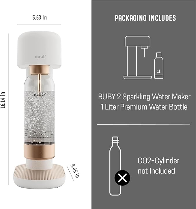 Mysoda Ruby 2 Sparkling Water Maker - Soda Streaming Machine Silent Carbonated Water Machine Robust Long-Lasting Aluminium Soda Maker 1L Water Bottle Without CO2 Cylinder - White Copper Soda Machine