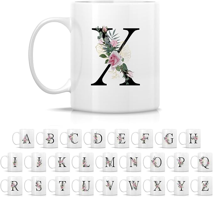 Retreez Initial A-Z Floral Botanical Bouquet Alphabet Monogrammed Monogram Mug 11 Oz Ceramic Tea Coffee Mugs - Appreciation Thank You Wedding Birthday Gifts for her friend coworker sister - X Initial