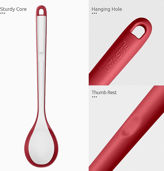600ºF Heat Resistant Silicone Spoons: U-Taste 13.3in Solid & Slotted Kitchen Cooking Spoon, Nonstick Long Rubber Utensil, Sturdy for Mixing, Serving, Stirring, Frying, Draining (Red, 2PCS)