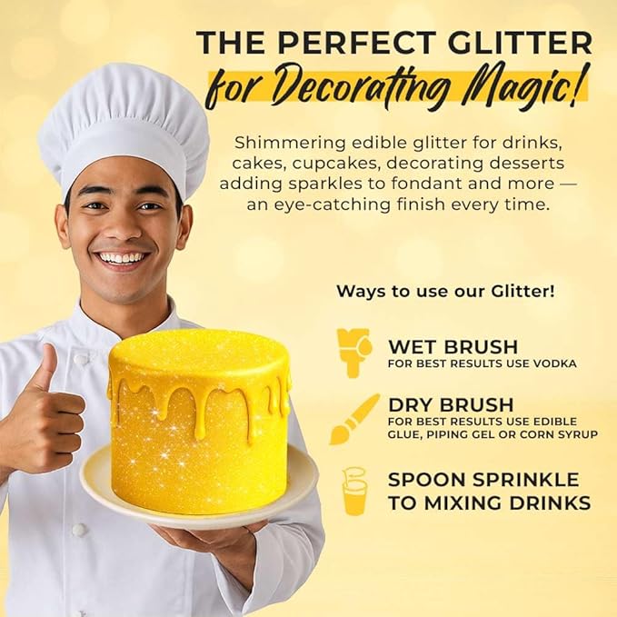 Bulk 20g Yellow Edible Glitter for Drinks | Premium Edible Glitter for Cakes, Cocktails, Yellow Cake Decorating Decorations Food Grade, Vegan, Kosher, Halal, Gluten Free - Made in USA