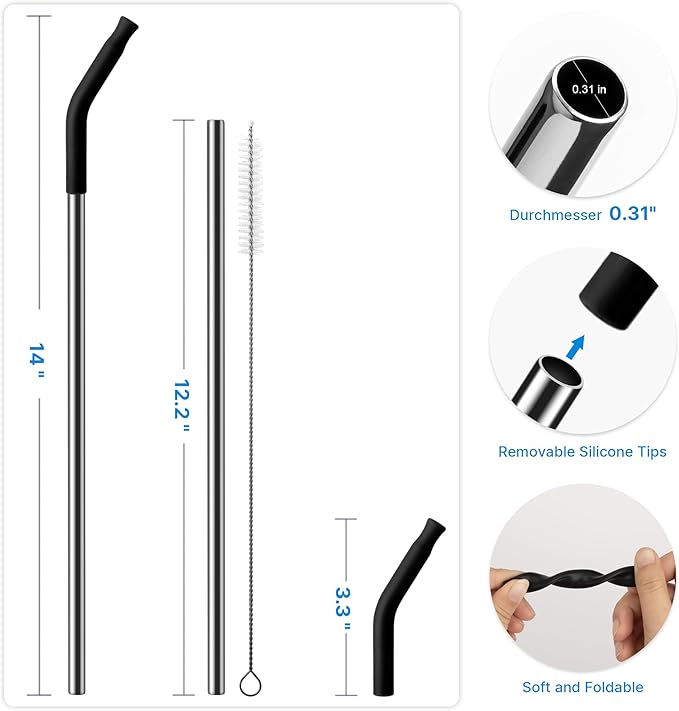 Metal Straw with Silicone Tip for 40oz Stanley Cup, 2 Pcs Stainless Steel Straws Replacement for Stanley 40 oz Adventure Quencher Travel Tumbler Cup, 1 Straw Brush (Black)