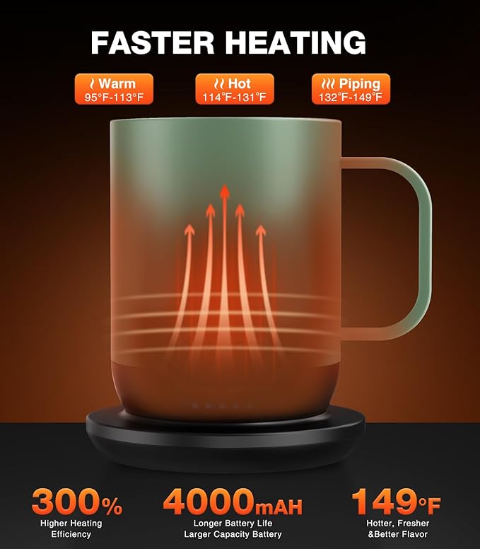 Self Heating Coffee Mug T1-16oz Fast Heating & Ultra Long-Lasting Battery Life, Heated Coffee Mug Up to 149℉ - Touch & App Controlled Coffee Mug, Birthday Gifts for Women and Men