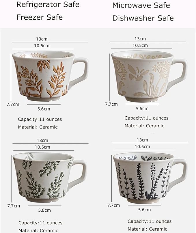 Ceramic Mug Set of 1 With Gold Spoon, 11oz - Vintage Coffee Mug, Pottery Cups for Milk, Latte, Cappuccino, Tea - Porcelain Dishwasher, Microwave Safe Stoneware Green Leaf