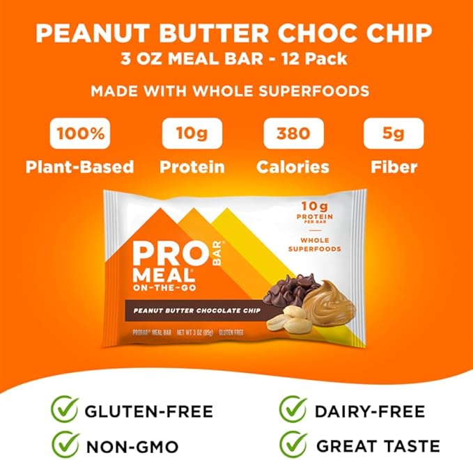 PROBAR - MEAL Bar, Peanut Butter Chocolate Chip, Non-GMO, Gluten-Free, Healthy, Plant-Based, Whole-Food Ingredients, Natural Energy (12 Count)