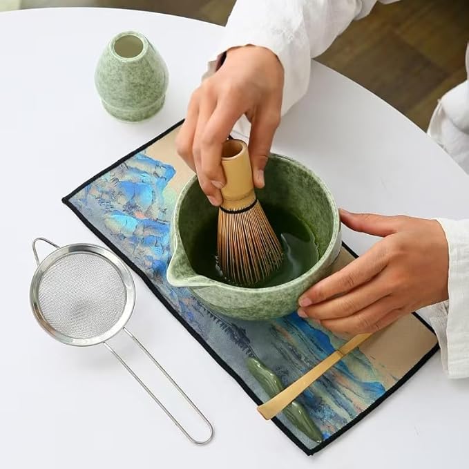 Matcha Set, 7 Pieces, Matcha Bowl with Spout, Whisk, Holder, Bamboo Scoop, Stainless Steel Sifter Matcha color