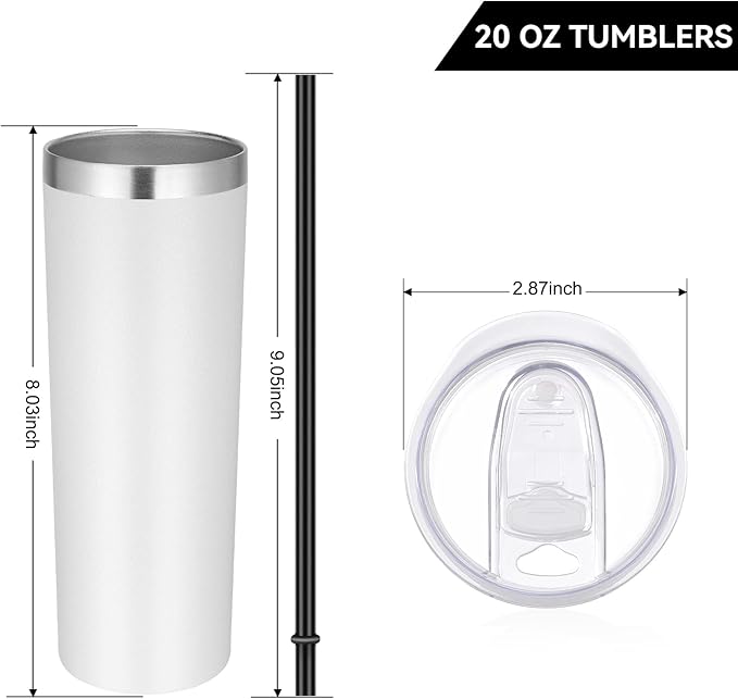 VEGOND Stainless Steel Tumblers Bulk 12 Pack, 20 oz Vacuum Insulated Skinny Tumblers with Lids and Straws, Double Wall Coffee Mug, Travel Water Cup, White