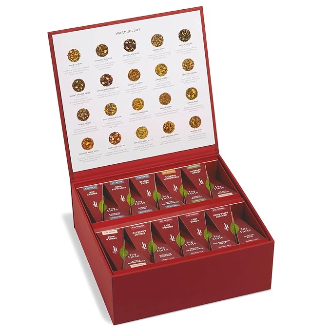 Tea Forte Warming Joy Holiday Assorted Premium Tea Chest Gift Sampler, 40 Count, 2 of each Variety Blend Individually Wrapped Handcrafted Pyramid Infuser Bags