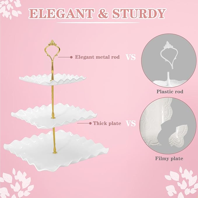 5 Pcs Dessert Table Display Set, White Plastic 2 Pcs Square 3 Tier Cupcake Stand Cup Cake Tower Stand with Metal Rod & 3 Pcs Serving Tray for Baby Shower, Tea Party, Wedding, Birthday Party