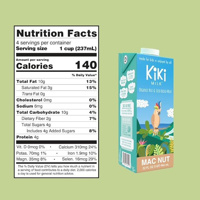 Kiki Milk Plant-Based Milk - Organic Mac Nut Seed Milk - Calcium & Magnesium Source - Gluten, Gum, GMO, Dairy, Soy, Glyphosate Free - Shelf Stable (32 oz Pack of 6)