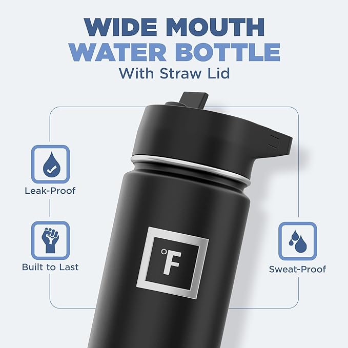 IRON °FLASK Camping & Hiking Hydration Flask with 3 Lids - Stainless Steel, Double Walled & Vacuum Insulated Water Bottle - Leak Proof & BPA Free (Elemental Gray, Straw - 22 oz)