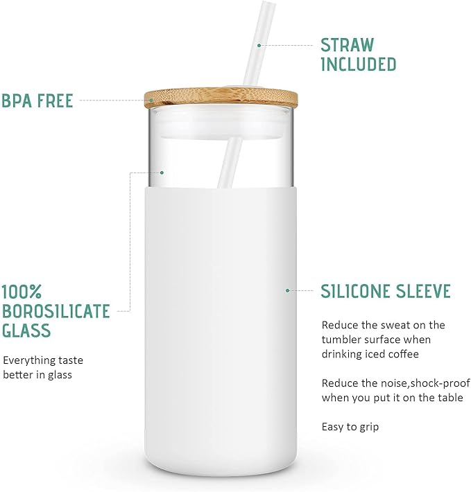 Tronco 20 oz Glass Tumbler Glass Water Bottle Straw Silicone Protective Sleeve Bamboo Lid - BPA Free - White Amber/ 2 Pack
