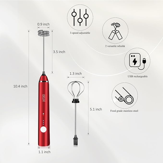 Delm Milk Frother Electric USB Stainless Steel Accessory - Frother Wand Foam Maker for Lattes - Milk Frother Handheld for Cappuccino, Frappe, Matcha, Hot Chocolate - Frother for Coffee (red)