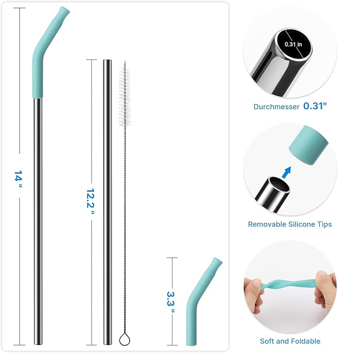 2 Pcs Stainless Steel Straws for 40 oz Stanley Tumbler, Replacement 40 oz Stanley Cup Straw Accessories with Silicone Tips and Cleaning Brush (Light Green)
