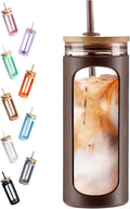 Kodrine 20oz Glass Tumbler with Straw and Lid, Iced Coffee Cups with Bamboo Lids, Glass Cups for Cold Drinks, Smoothie Cup with Silicone Sleeve for Travel, Work, BPA FREE-Brown