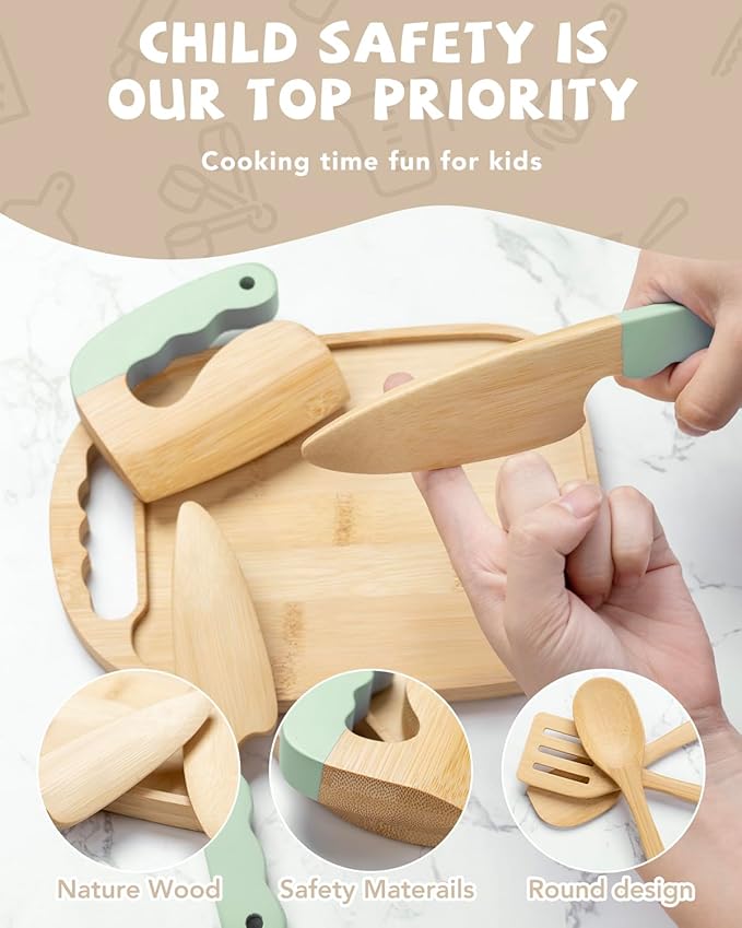 Wooden Kids Cooking Set Montessori Kit - Real Toddler Kitchen Tools & Baking Utensils - 15PCS Cooking Kit for Kids with Storage Bag, Great Gift for Pretend Play & Montessori Learning (Green)