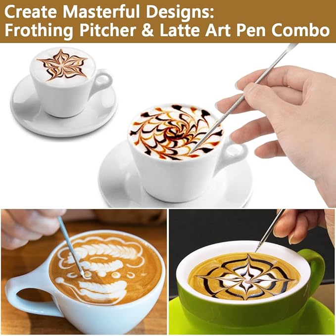 Frothing Milk Pitcher, 12 oz/350 ml Stainless Steel Frothing Milk Jug with Latte Art Pen,with Internal Measurements, for Cappuccino, Espresso and More（white）