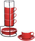 4oz Porcelain Stackable Espresso Cups with Saucers and Metal Stand Set of 4, Stackable Cappuccino Cups, Red Expresso Shots Cup Set for Coffee Drinks, Latte, Americano, Tea