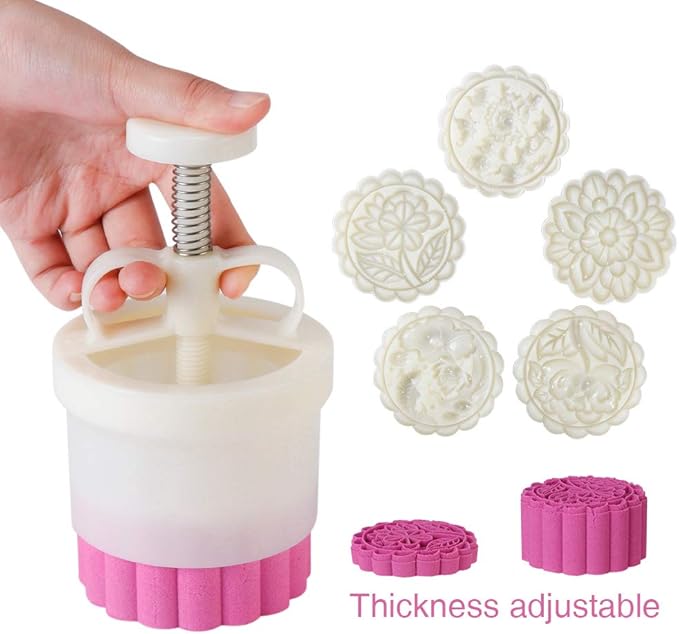 180g 5pcs Cookie Stamps Thickness Adjustable Moon Cake Mold Set, Cookie Press DIY Decoration Hand Press Cutter Cake Dessert Mold