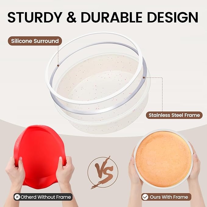 Vinino 6 Inch Silicone Round Cake Pan with Metal Reinforced Frame Set of 3, Nonstick Silicone Springform Pan for Baking Suitable for Making Layers, Cheese & Chocolate Cakes