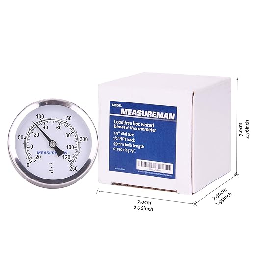 MEASUREMAN Hot Water Bi-Metal Thermometer, 2-1/2" Dial, 1-3/4" Lead-Free Brass Stem, Range 0-250 deg F/-20-120 deg C, 2% Accuracy, Adjustable, 1/2" NPT Back Mount
