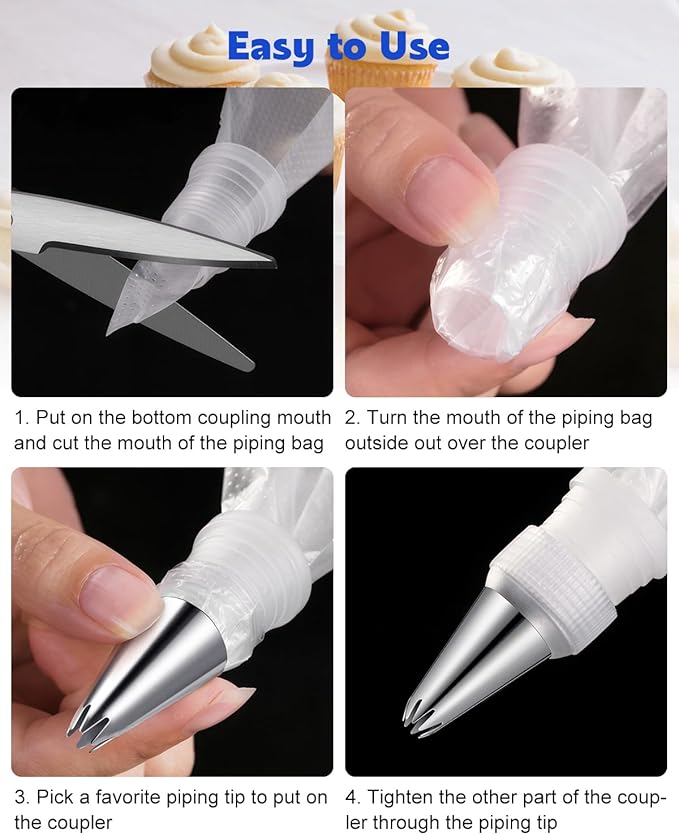 176PCS Piping Bags and Tips Set, Includes 150pcs 12 Inch Anti Burst Piping Bags, 1 Reusable Pastry Bags, 12 Piping Tips, 8 Icing Bags Ties, 3 Cake Scrapers and 2 Couplers