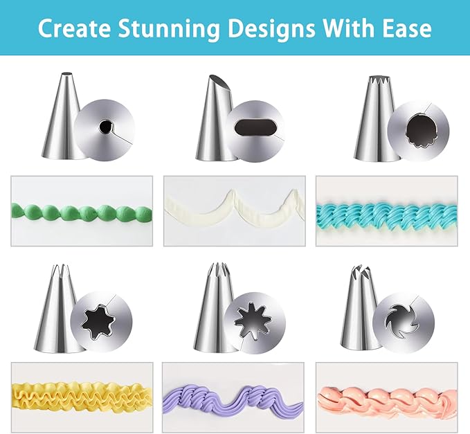 Piping Bags and Tips Set, Reusable Cake Decorating Kit with 6 Icing Tips, 2 Reusable Pastry Bags, 2 Converters, 2 Bag Ties, 3 Scrapers, Beginner-Friendly Baking Supplies for Cupcakes, Cookies