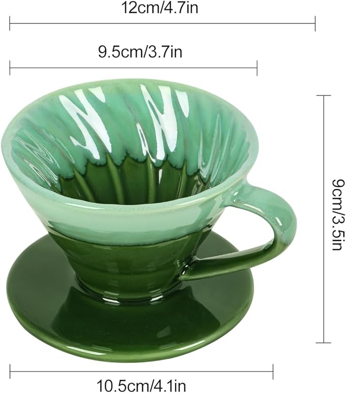 Ceramic Coffee Dripper Filter 02-4Cup Pour Over Coffee Dripper, 60 Angle Cone Ceramic Hand Brew Coffee Cup Retro Filter Set Reusable Portable Coffee Maker (Green)