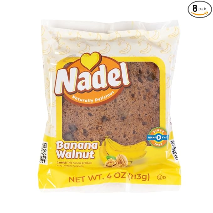 Nadel - Naturally Delicious Banana Nut bread, 8 Pack, Fresh Bananas, Crunchy Walnuts, Lunch snack breakfast bars Natural fresh brand, Cake Slices