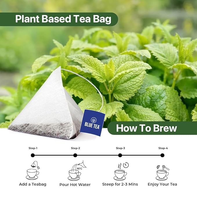 BLUE TEA - Lemon Balm Tea - 30 Count - Pyramid Plant Based Tea Bag | RELIEVES STRESS - IMPROVES DIGESTION | Reduces Bloating | Refreshing Citrus Flavour - Leaf Based - Caffeine Free | Tin Pack