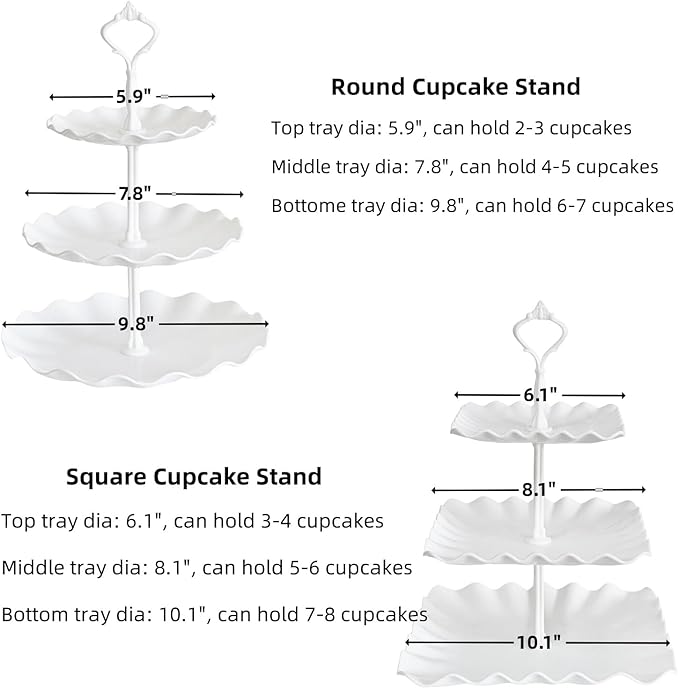 2 Set of 3-Tier Plastic Cupcake Stand Dessert Plates Mini Cakes Fruit Candy Display Tower White for Birthday Tea Party Baby Shower Serving Tray