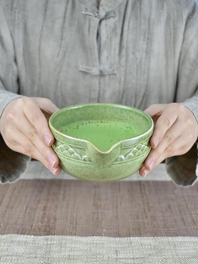 Artcome Matcha Tea Set with Pouring Spout - Green Ceramic Matcha Bowl, Bamboo Whisk, Whisk Holder, Tea Scoop & Matcha Tea Manual for Traditional Japanese Tea Ceremony - Ideal for Gift - Deep Green