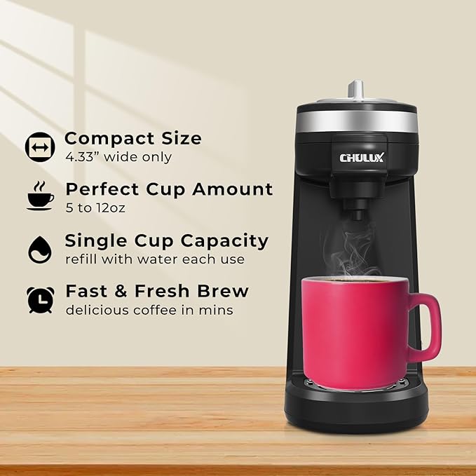 CHULUX Single Serve Coffee Maker for K Capsule and Ground Coffee, Single Cup Coffee Machine, Black