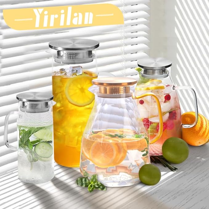 Glass Pitcher, 34 oz / 1 Liter Glass Pitcher with Lid, Glass Water Pitcher, Glass Carafe with Lid