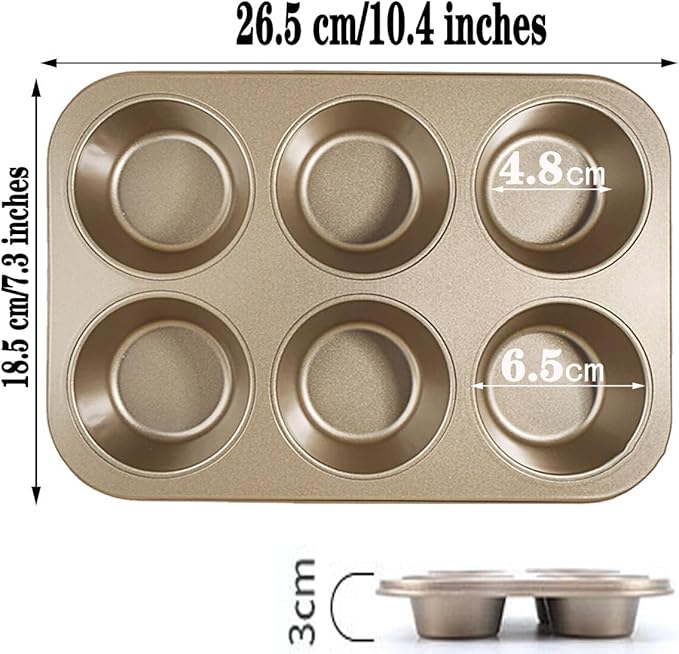 2 Packs Nonstick Round Muffin Baking Pan Tin, 6-Cup Muffin Tin, Cupcake Pans, Cheesecake Pans, Carbon Steel, Gold