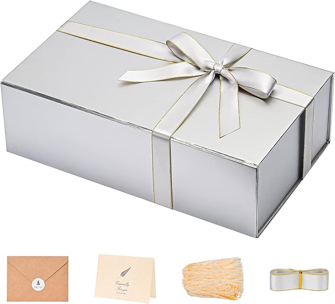 LIFELUM Gift Boxes with Lids, 1 Pack 13.8 x 8.3 x 4.4 inch Silver Gift Boxes with Ribbon, Card, Shredded Paper Filler for Presents, Graduation, Christmas, Birthdays