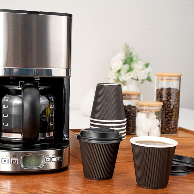 Restaurantware 8 Ounce Double Wall Disposable Coffee Cups, 500 Insulated Black Paper Tumblers with Ripple Wall Design, Lids Sold Separately for Hot Drinks like Tea, Hot Chocolate, and More