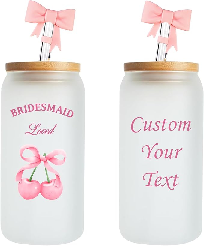 Personalized Tumbler with Cherries Bows-Can Shaped Glass with Lids and Straws-18OZ Iced Coffee Cups with Lids, Cherry Decor Cute Glass Cups, Mothers Day Bridesmaid Gifts for Women (Bow-text)