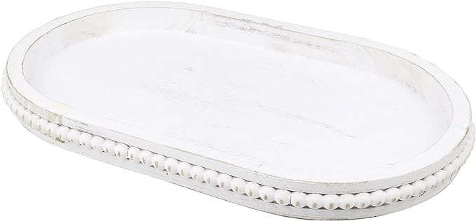 Oval Wood Serving Tray with Wooden Beads, Outdoor Farmhouse Decorative Tray for Ottoman, Coffee Table, Kitchen Counter Organizer, Home Decor(Whitewashed)