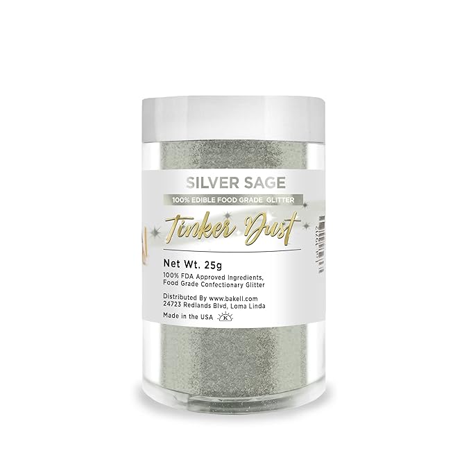 BAKELL Silver Sage Edible Glitter, 25 Grams | TINKER DUST Edible Glitter | KOSHER Certified | 100% Edible Glitter | Cakes, Cupcakes, Cake Pops, Drinks, Dessert Vegan Glitter & Dusts (25g, Silver Sage)
