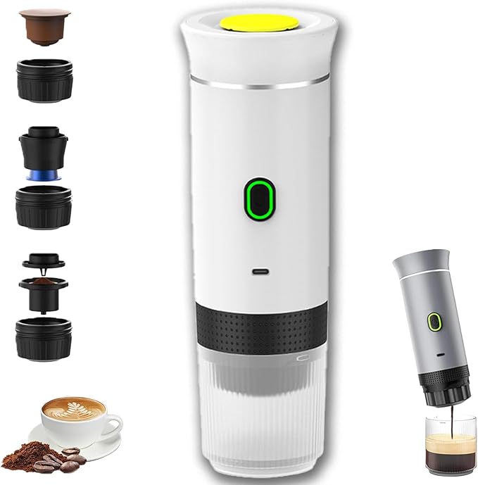 Esprova Portable Espresso Machine, Portable Electric Coffee Maker for Travel Camping, 3-in-1 Self-Heating Espresso Maker, Compatible with Ground Coffee and Capsules, Compact Lightweight (White)