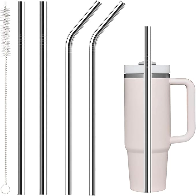 for Stanley Quencher 40oz Tumbler Metal Stainless Steel Straws,2 Straight + 2 Curved Reusable Straws with Cleaning Brush, Compatible for 40oz Stanley Cup Tumbler
