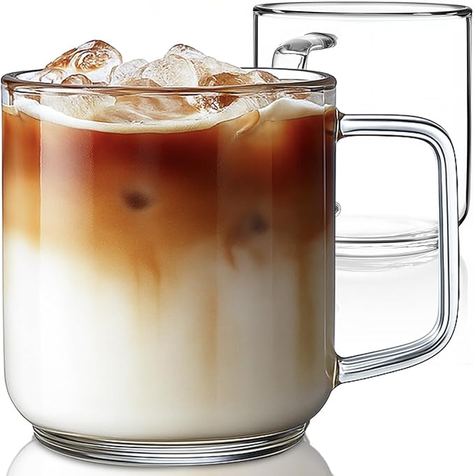 Aquach 22oz Large Clear Glass Coffee Mugs Set of 2 - Serve as General Drinking Glasses for Water, Coffee, Tea, and Juice