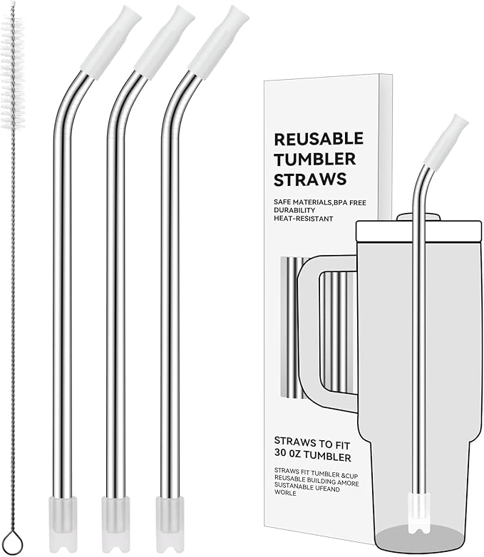 Reusable Stainless Steel Straws with Silicone Tip for Stanley 30oz, Metal Drinking Straws for 30oz Tumbler,3 Bent Tubes & 6 Tips& 1 Cleanr Brush (Transparent)