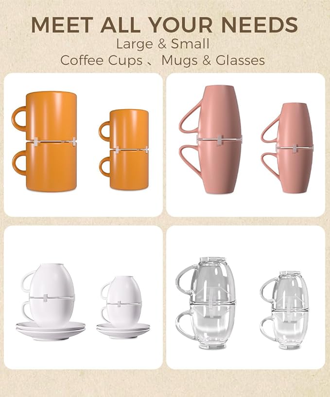 Coffee Mug Organizers and Storage (8Pack), Adjustable Stackable Cup Organizer for Kitchen Cabinets Shelf Organization, Cupboard Save Space Cup Stacker Holder for Tea Cup/Coffee Mugs/Glasses