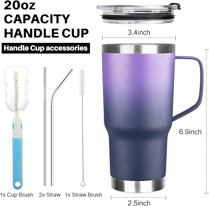 20 oz Tumbler with Handle, Stainless Steel Insulated Tumbler with Lid and Straw, Double Wall Vacuum Coffee Mug Tumbler, Insulated Coffee Thermal Cup for Cold and Hot (Purple Navy blue, 20, ounces)