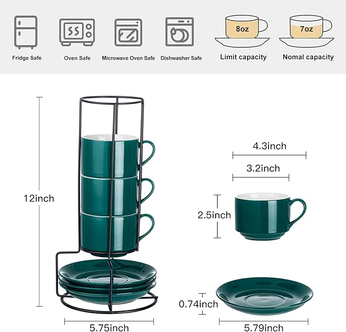 YOLIFE 8oz Porcelain Stackable Cappuccino Cups with Saucers and Metal Stand Set of 4, Coffee cups for Espresso, Specialty Coffee Drinks, Latte, Americano and Tea - Green
